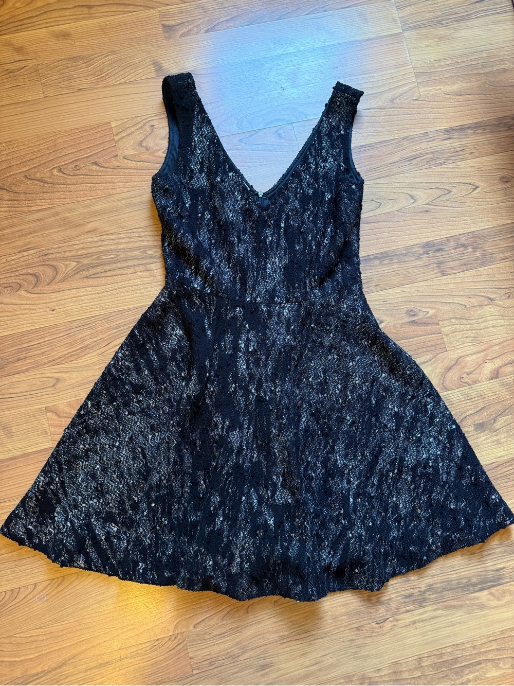 Alberto Makali Black Lace V-Neck Skater Dress LBDβ Vintage with Metallic Gold